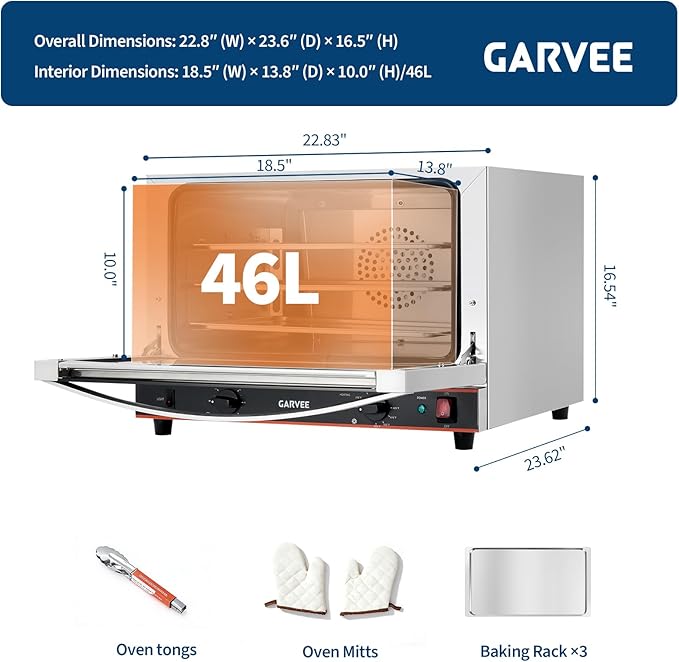 Garvee Commercial Convection Oven Countertop 46L/42Qt 1800W Toaster 3-Tier Electric Oven w/Front Glass Door Trays Wire Racks Clip Gloves 120V