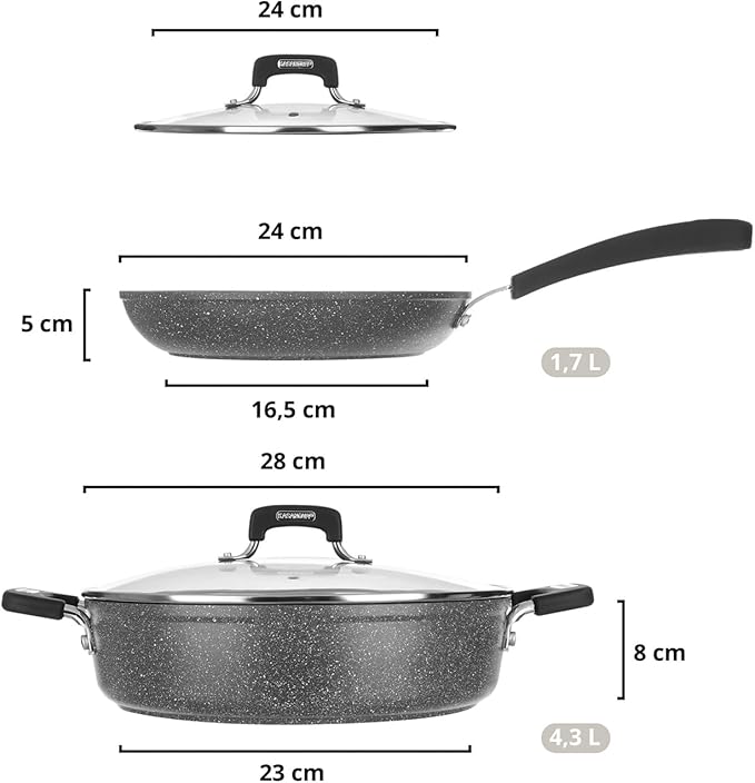 New Petra Dark Pot and Pan Set Non-Stick Induction and Oven up to 180°C Pot Holder and Spoon (4 Pieces)