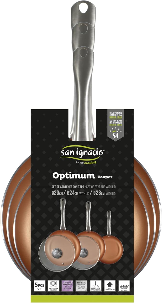 San Ignacio Optimum Cooper-Set of 5 Pieces: 3 Frying Pans 2 Lids-Copper Effect-20/24/28 cm - Non-Stick without PFOA-Induction and Gas Pressed Aluminium