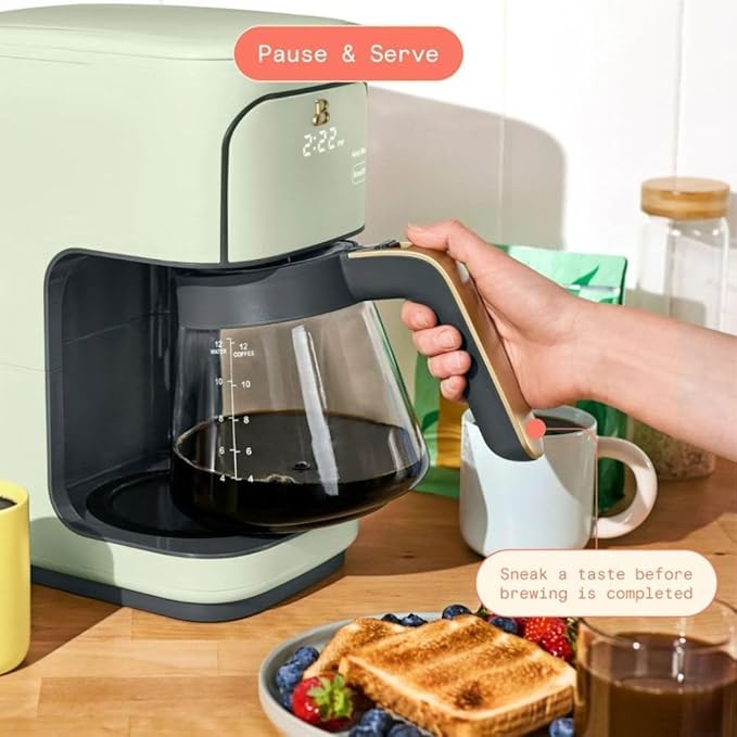 Bea~utiful 12-Cup Programmable Coffee Maker with Touch-Activated Display Auto Brew Timer Reusable Filter &amp Large Glass Carafe (Sage Green)