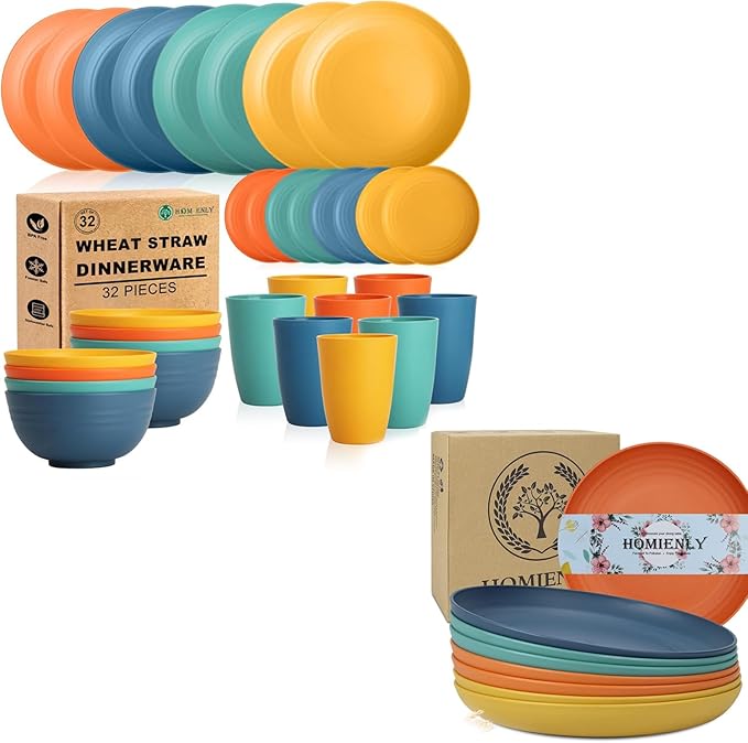 Homienly 40 PCS Premium Wheat Straw Dinnerware Sets Reusable Plates and Bowls Sets for Kitchen Lightweight and Unbreakable Dishwasher and Microwave Safe Dishes Set - Colorful