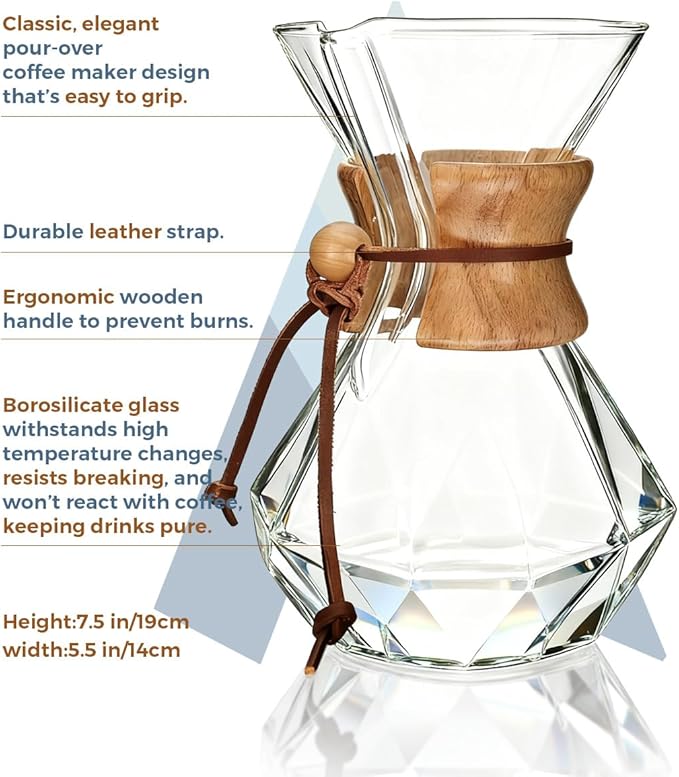 AGOGO Pour Over Coffee Maker Glass - 8 Cup Barista Kit with 304 Stainless Filter for Home Office Camping Cafes - Easy Clean Coffee Dripper Set (Towel&ampBrush Included) (8 Cup/28 oz-Diamond Shape)