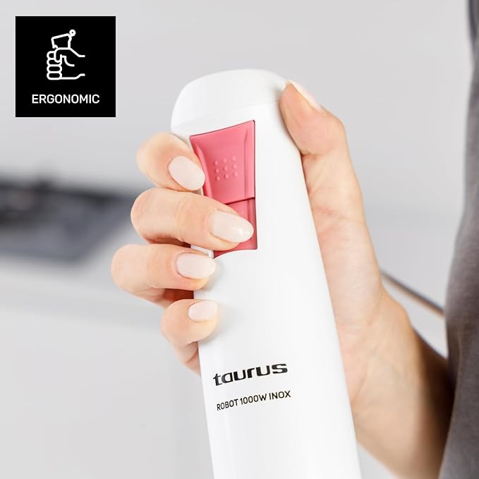 Taurus – 1000 Stainless Steel Robot Hand Blender | 2 Speeds + Turbo | Stainless Steel Blades | Splash Proof Bell | Ergonomic | BPA Free Dishwasher Safe White