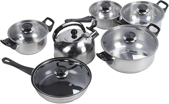 Stainless Steel Pots and Pans Set 6 Piece Kitchen Cookware Set with Black Heat Handles Includes Saucepan Stock Pot Non Stick Frying Pan Tea Kettle for Frying Boiling Stewing
