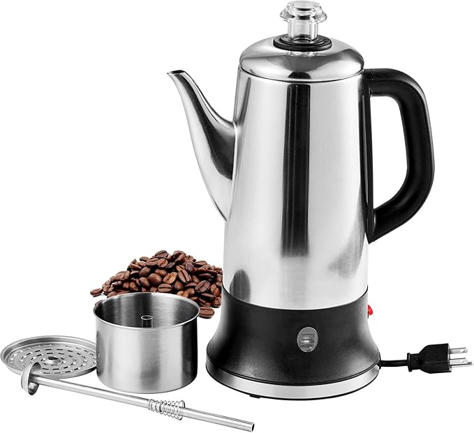 Happybuy 12-Cup Electric Coffee Percolator with Stainless Steel Construction Heat-Resistant Handle Keep Warm Feature Quick Brewing and Easy-Pour Spout Silver