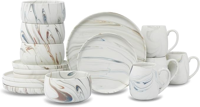 Lorren Home Trends Marble Pattern Dinnerware Set 16 Piece Service for 4 Includes 10.5 Dinner Plates 7.75 Salad Plates 32 oz Bowls 16 oz Mugs Dishwasher &amp Microwave Safe