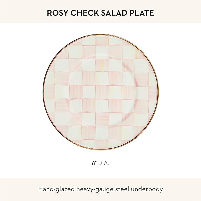 MACKENZIE-CHILDS Enamel Salad and Dessert Plate Small Plate for Appetizers or Desserts 8 Inches Pink-and-White Rosy Check