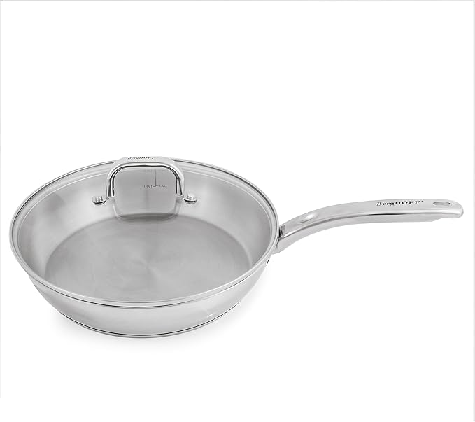 Berghoff Belly Shape18/10 Stainless Steel 3Pc Cookware Set Fry Pan 8 Inches Skillet 2.5qt. Glass Lid Fast Evenly Heat Induction Cooktop Ready Dishwasher Safe