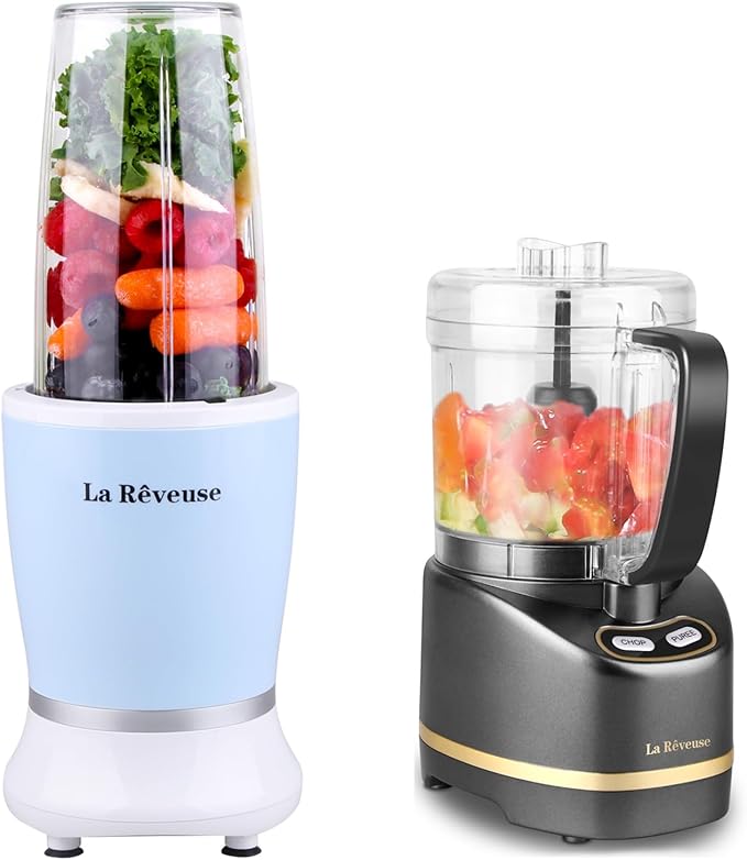 La Reveus Smoothie Blender (Sky Blue) + La Reveuse Mini Food Chopper (Metallic Grey)