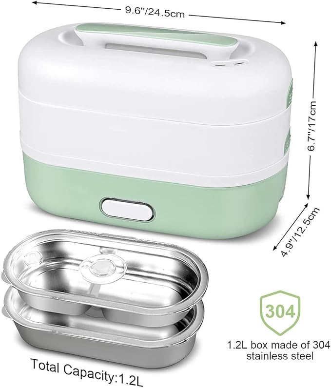 Automatic Cooking Electric Lunch BoxPortable Cooking Steam Lunch Box 1.2L Food Grade Mini Rice Cooker with 2 Stainless Steel Containers Suitable for Office and School 110V 350WPink (Green)