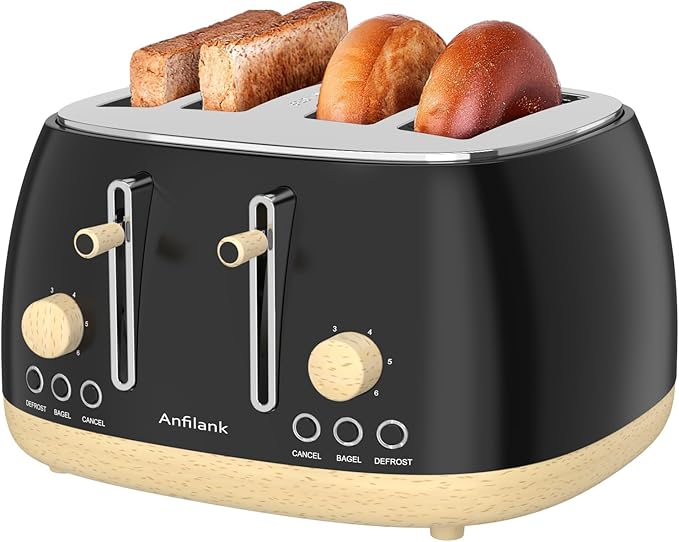 Toaster 4 SliceRetro Stainless Steel Toaster with Extra Wide Slots Dual Independent Control Panel Cancel Bagel Defrost Function Removable Crumb Tray Matt Black