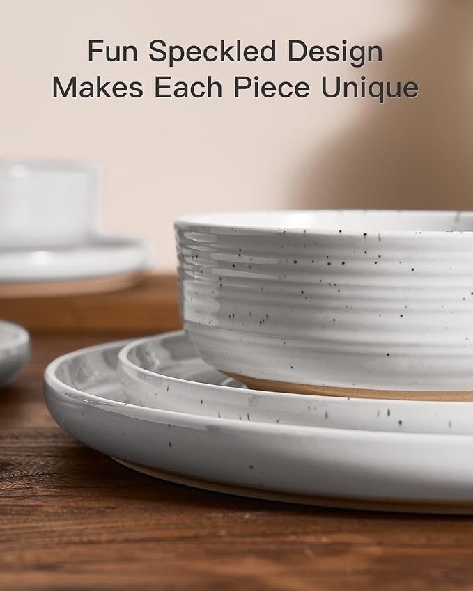 Stoneware Dinnerware Set Highly Chip and Scratch Resistant Everyday Plates and Bowls for 8 (24pcs) Reactive Glaze Speckled Ceramic Flared Dishes with Gift Box Microwave Dishwasher Safe White