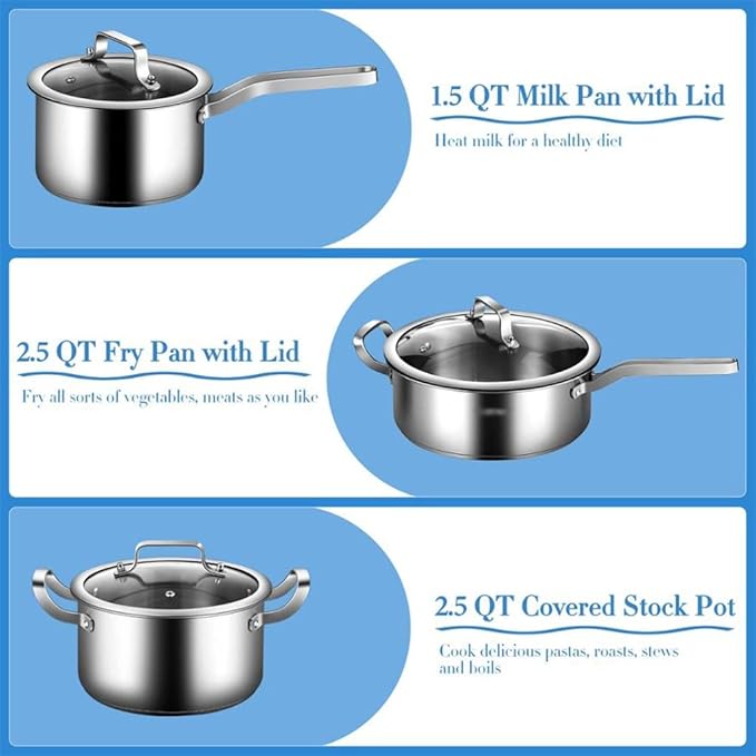 JSEIAJB Stainless Steel Cookware Set 6 Piece Nonstick Cookware Cooking Pot Set with Glass and Silver Lid