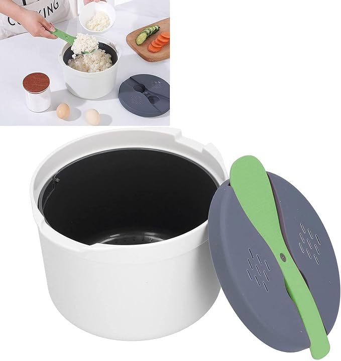 Microwave Rice Cooker 2-Layer Microwave Vegetable Steamer Non-Stick 2L Rice Steamer &amp Pasta Cooker with Strainer Dishwasher Safe Microwave Steamer for Pasta Potatoes Vegetables(Green)