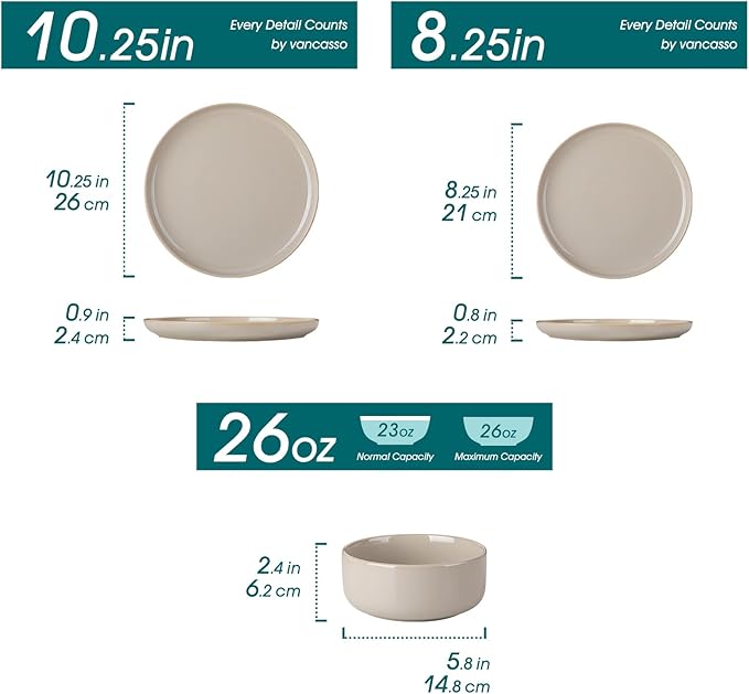 vancasso PLAYA Ceramic Plates and Bowls Sets24 Pieces Grey Dinnerware Sets for KitchenReactive Glaze Dishes Set for 8 Dishwasher and Microwave Safe