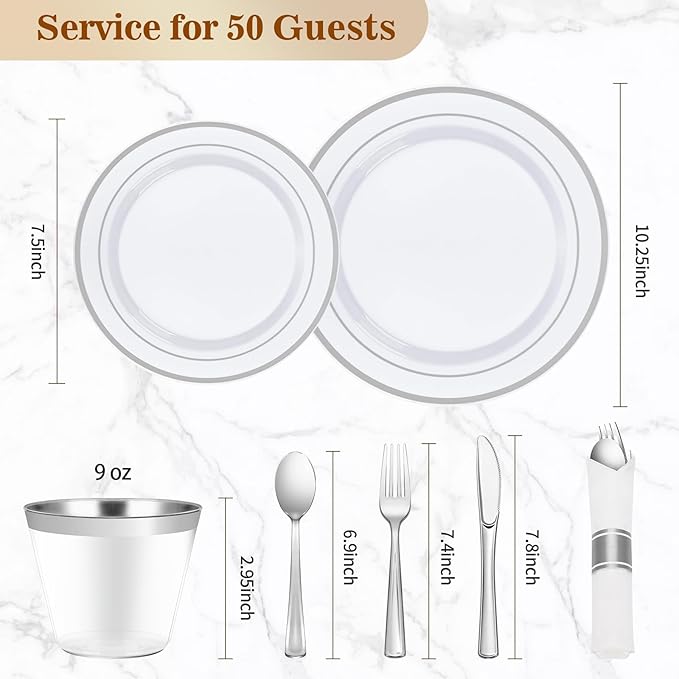 BESTVIP 350PCS Silver Plastic Dinnerware Set Disposable Party Plates for 50 Guests Include: 100 Plastic Plates 50 Pre Rolled Napkins with Silver Silverware 50 Cups