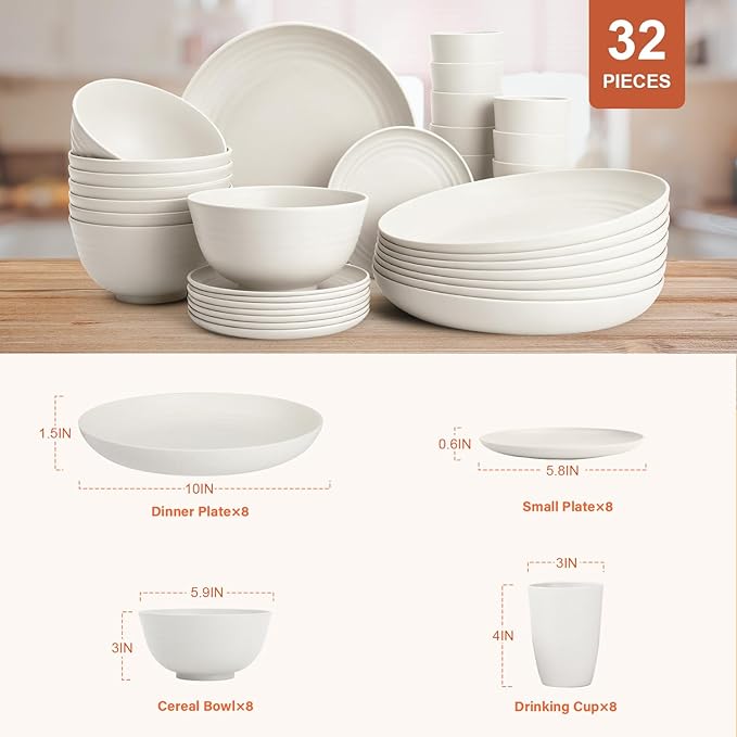 Plates and Bowls Sets for 8 Unbreakable &amp Lightweight Wheat Straw Dinnerware Sets 32 PCS Microwave Safe Dishes Set for 8 Dinner Plate Kitchen Cups and Bowls for Outdoor- White