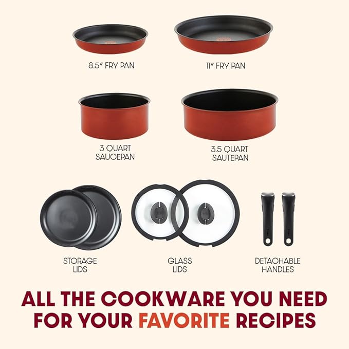 T-fal Ingenio Nonstick Cookware Set Induction Oven Broiler Safe 500F Cookware Pots and Pans RV Camping Oven Broil Dishwasher Safe Detachable Handle Red (Pack of 20)