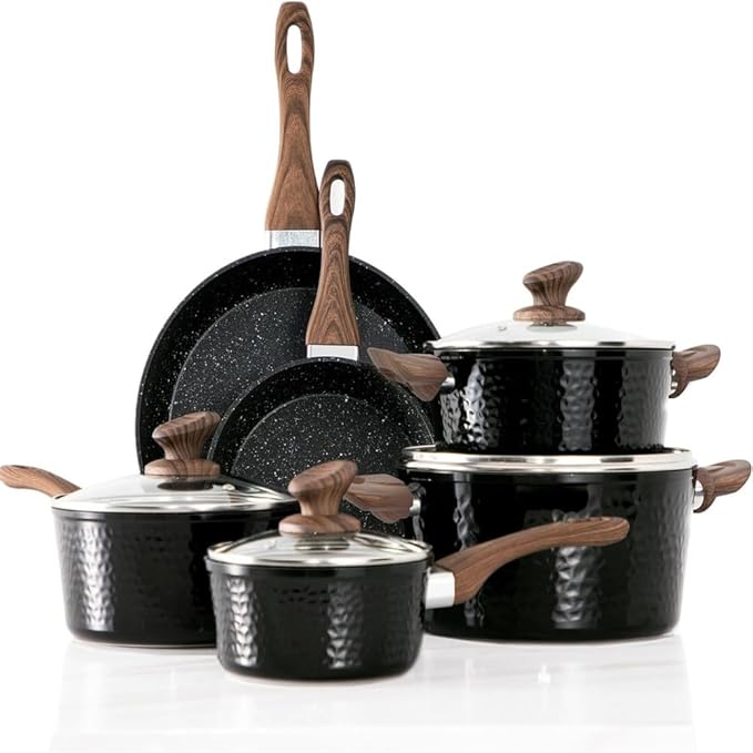 Pots and Pans Set Non Stick 15 Pcs Black Induction Kitchen Cookware Sets Healthy Hammered CookingBlackOne