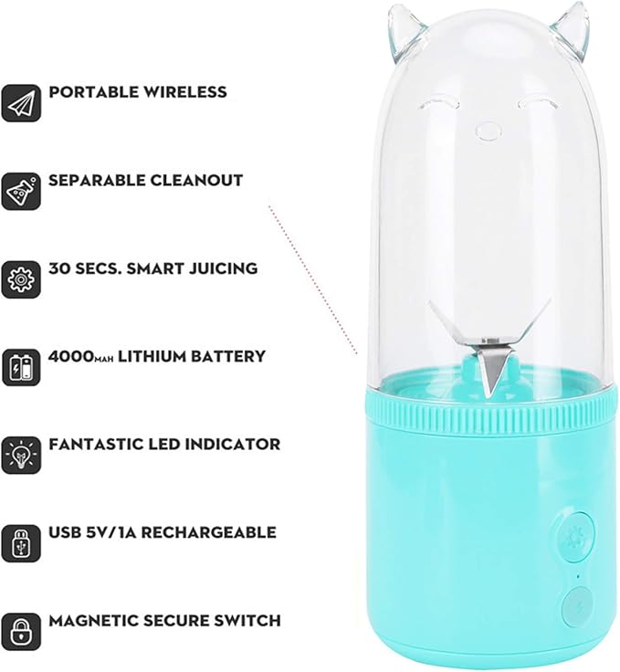 Portable Blender 500ML USB Rechargeable Mixers Fresh Fruit Juicers Bottle Shape Mini Electric Blender Strong Cutting Power with 4 Blades for Home Sport Office Campin (Blue)