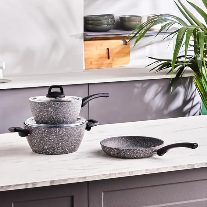 Karaca Gris Biogranite 5-Piece Induction Cookware Set 24cm Casserole &amp Lid 24cm Frying Pan &amp Lid 20cm Sauce Pan Grey