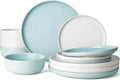 Famiware Milkyway Plates and Bowls Sets 12 Pieces Dinnerware Sets Reactive Glaze Dish Set Stoneware Dishes Set for 4 Matte Beige White &amp Light Blue