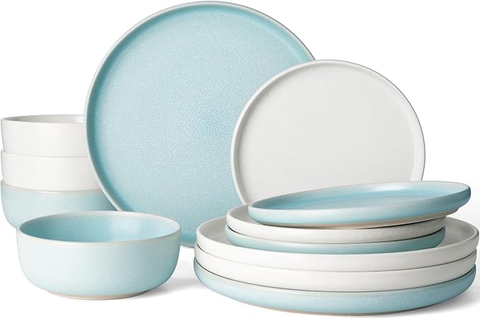 Famiware Milkyway Plates and Bowls Sets 12 Pieces Dinnerware Sets Reactive Glaze Dish Set Stoneware Dishes Set for 4 Matte Beige White &amp Light Blue