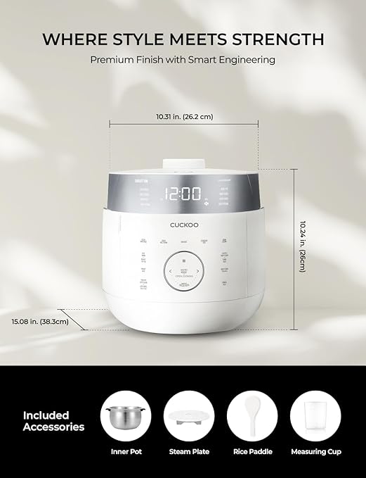 CUCKOO Twin Pressure Rice Cooker 6-Cup Uncooked / 12-Cup Cooked with Induction Heating Technology 19 Menu Modes with Voice Guide Full Stainless Steel Inner Pot White (CRP-LHTAR0609FW)
