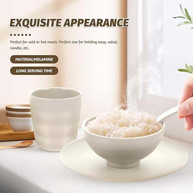 Unbreakable Dinnerware Set 4pcs Soup Rice Bowl Cup Plate Kit Matte Light Beige Melamine Tableware for Kitchen and Dining Anti-fall Lightweight Bowls and Plates for Family Use