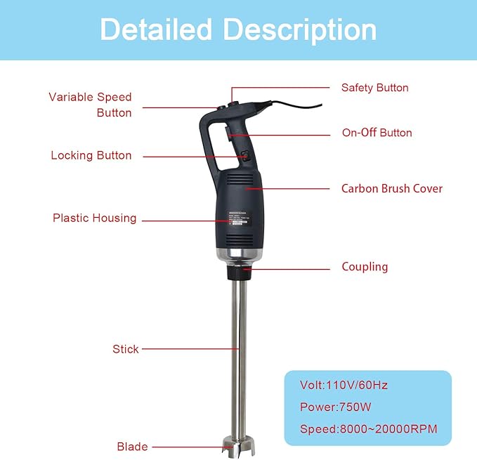 Immersion Blender Electric handheld mixer 20 Inch 750W Commercial Blenders Food Grade Stainless Steel Removable Shaft for Shakes Soups Smoothies Puree