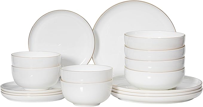 Perlaceo Luxurious Collection Bone China Dinnerware Set-Lightweight and Durable-Service for 4 or 8 Including Dinner Salad Plates and Cereal or Soup Bowls 16-Pc White w/Gold Rim