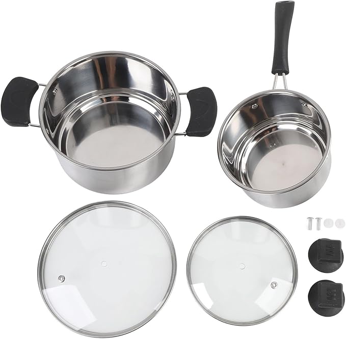 Stainless Steel Cookware Set 2 Pcs Non Stick Saucepan with Glass Lid Small Milk Pan with Heatproof Handle for Kitchen Multipurpose Sauce Pan Set for Cooking Soup Eggs Noodles