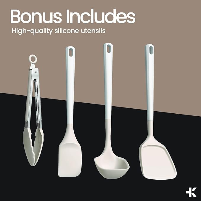 Bakken 12-Piece Aluminum Cookware Set with Ceramic Nonstick Coating PTFE &amp PFAS Free All Stovetop Safe Up To 500°F Pots and Pans Set with Lids Silicone Utensils Included Dishwasher Safe Crea