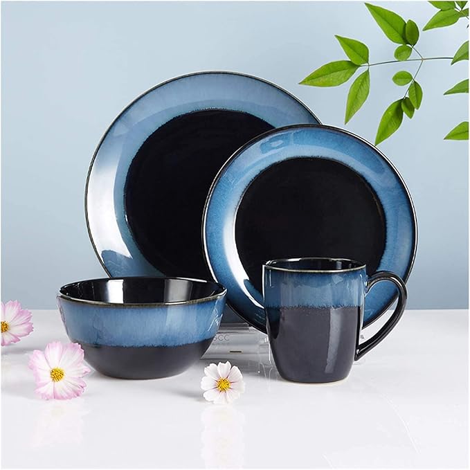 Household Plates and Bowls Sets Durable Ceramic Dinner Plate Sets Blue Dinnerware Set of 4 Dinner Plates Salad Plates and Mug Dinnerware Set