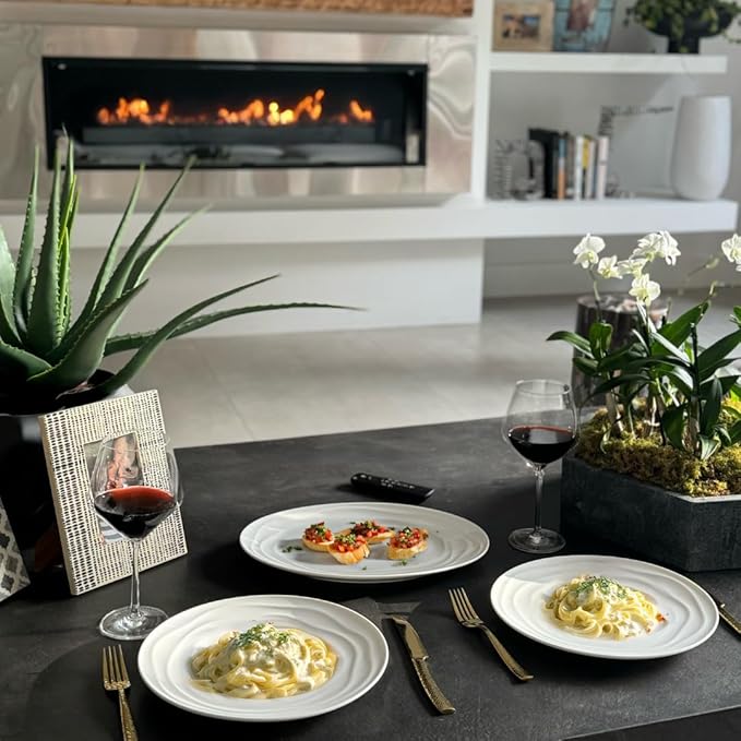 Pots &amp Patterns Natural Waves Premium Bone China Dinnerware Sets Service for 4 (12-Piece) White Plates and Bowls Sets Chip-Resistant Fine Porcelain Dinnerware - Wedding Registry Gift