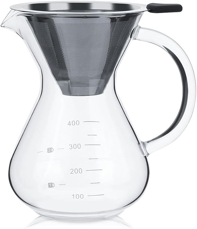 Hakeeta 400ml Coffee Maker Pour-Over Glass Coffeemaker with Stainless Steel Permanent Filter. Manual Coffee Dripper Brewer
