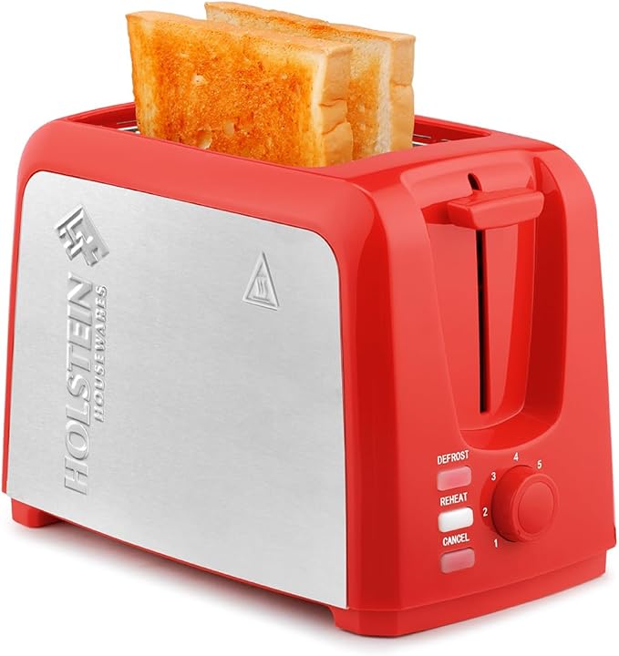 Holstein Housewares 2-Slice Toaster with 7 Browning Settings Extra-Wide Slots Reheat Defrost Cancel High-Lift Release Removable Crumb Tray – Compact Stainless Steel Red