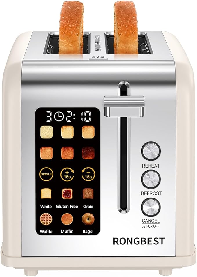 2 Slice Easy Touch Screen Toaster Stainless Steel Toaster with Wide Slots Even Toasting for Bagels &amp Bread Reheat &amp Defrost Removable Crumb Tray Cream Color