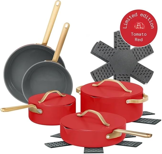 12-Piece Ceramic Nonstick Cookware Set Pots and Pans with Strainer Lids (Red Tomato)
