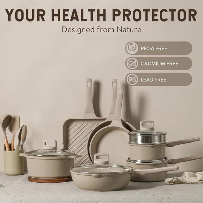 Pots and Pans Set Non Stick 16Pcs Kitchen Cookware Set Stackable Induction Cookware Pot and Pan Set Pans for Cooking16 Pcs Taupe GranitA