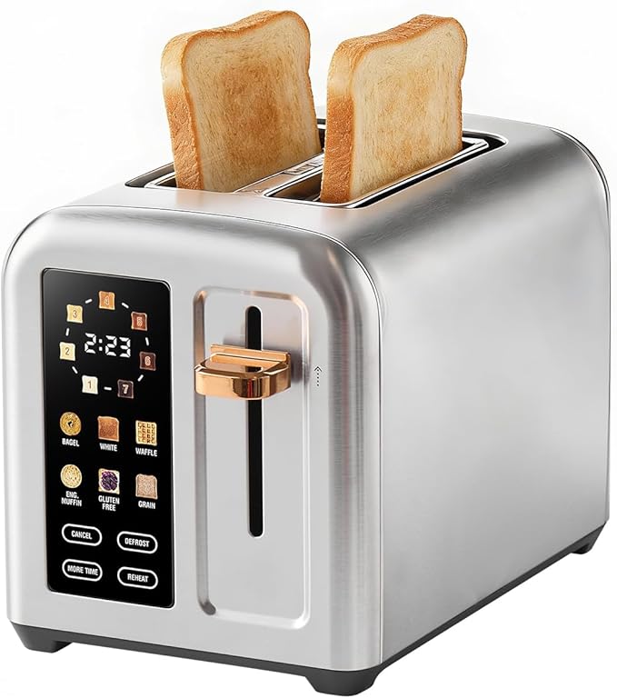 2-Slice Toaster with Touch Screen 7 Shade Settings Extra Wide Slots 6 Bread Function Stainless Steel with High Lift Lever Removable Crumb Tray 1350W (Silver)