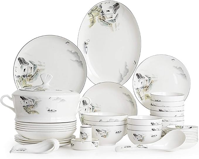 Ceramics Dinnerware Sets Porcelain Cereals Bowls/Steak Plates/Soup Pot | 50 Pieces Chinese Style Bone China Dinner Combination Set For Wedding Gifts