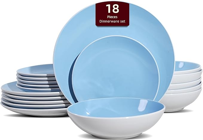 Stoneware Coupe Shape 18pc Dinnerware Set Outside White + Inside Blue