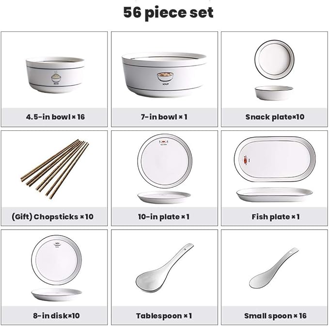 Dinner Set Ceramics Dinner Sets 56 Pieces Nordic Simple Style Dinnerware - Bowl/Dish/Spoon | Black Border Double Line Porcelain Combination Set for Family Party Resta