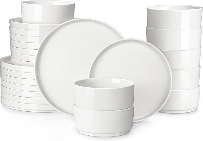 MALACASA 24 Pieces Porcelain Dinnerware Set Bundles 42 OZ White Pasta Bowls Set of 6