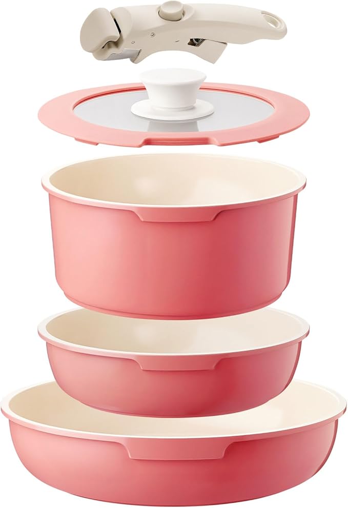 IKTU Ceramic Pots and Pans Set Non Stick Pink 5Pcs Nonstick Cookware Set with Detachable Handle RV Camping Induction Kitchen Cookware Set Non Stick PFAS PFOA &amp PTFE Free