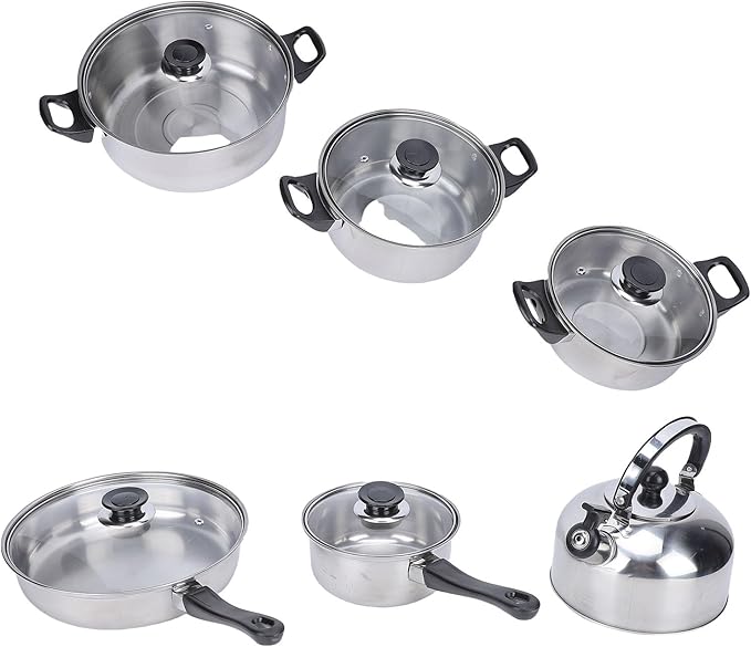 Fdit Stainless Steel Cookware Set 6 Piece Kitchen Pots and Pans Set with Glass Lids and Tea Kettle Induction Compatible Pot Set for Frying Boiling Stewing Multi Size Cooking