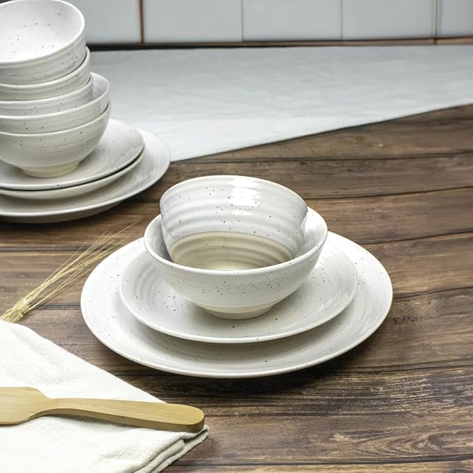 Sango Siterra 16-Piece Rustic White Stoneware Dinnerware Set – Service for 4 White with Glossy Speckle Overlay for Everyday Dining &amp Entertainment Microwave &amp Dishwasher Safe
