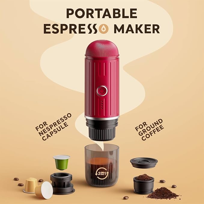 Portable Espresso Machine with 3-4 Min Self-heating 7800mAh Rechargeable Electric Coffee Machine 19 Bar Compatible with NS Capsules and Ground Coffee (Red)