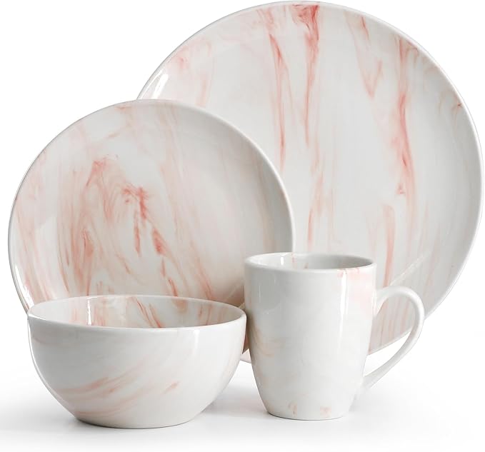 16 Piece Porcelain Marble Dinnerware Set in Red and Orange – Service for 4 Dishwasher &amp Microwave Safe (Red)